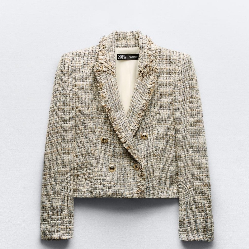 Zara Tweed Cropped Double-Breasted Jacket in Beige Multi